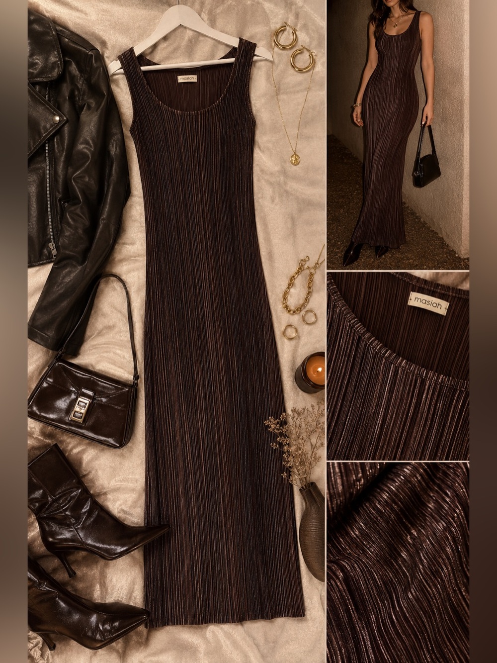 Vintage MASHIAH Plissé Micro Pleated Column Dress Brown Avant-Garde Maxi Bodycon